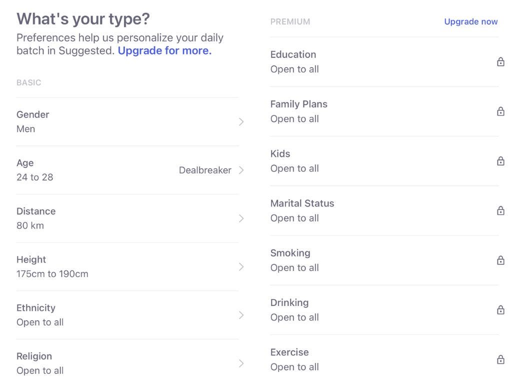 A list of filters that Coffee Meets Bagel offers its users.