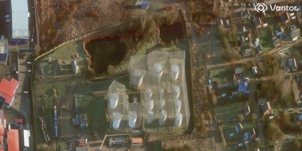 Satellite images show Russia put up anti-drone nets to protect its fuel tanks. A Ukrainian attack punched through.