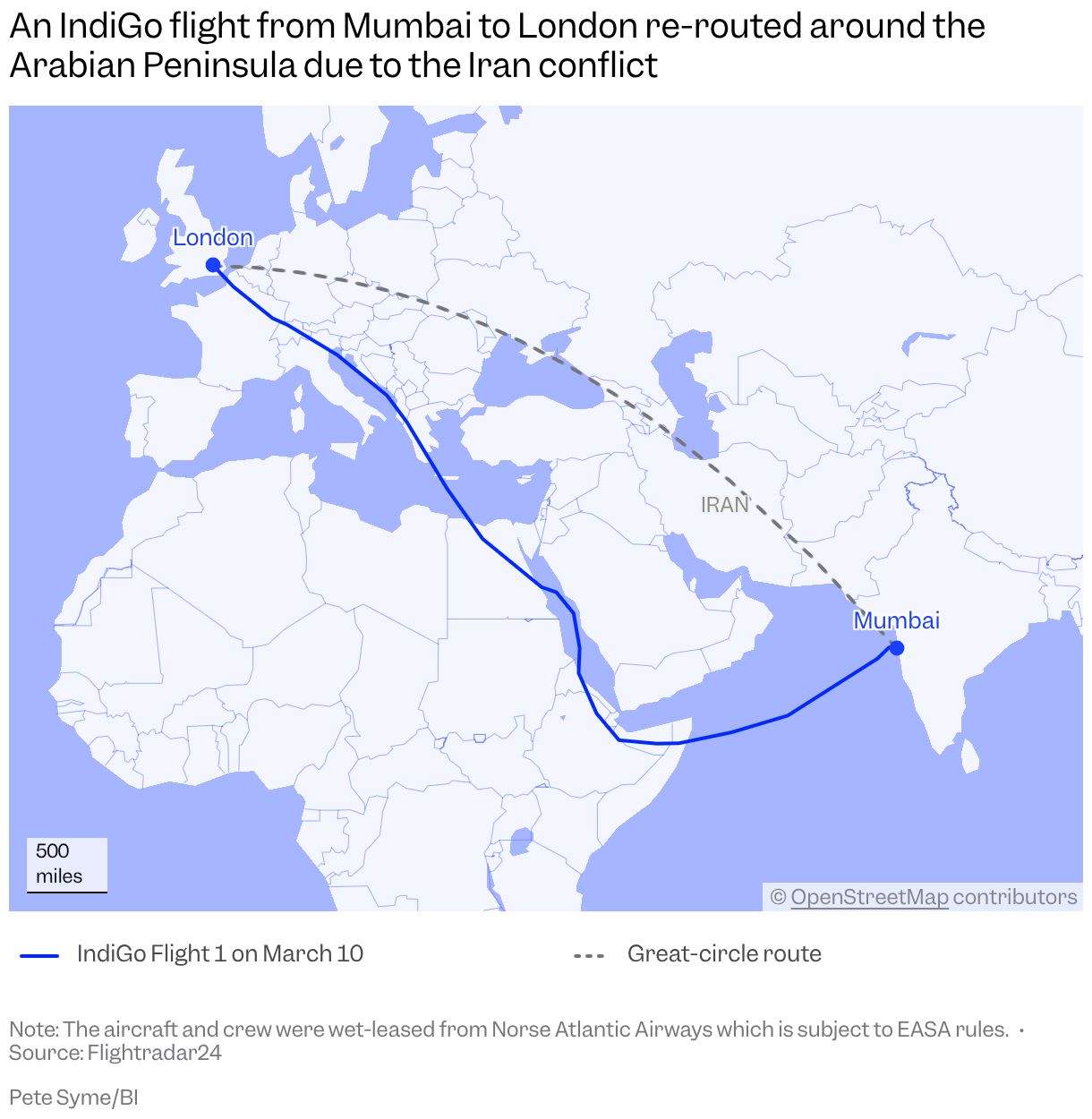 A map of the world shows the path of IndiGo Flight 1 on March 10, which traveled from Mumbai to London while flying over East Africa and the Red Sea due to the Iran conflict