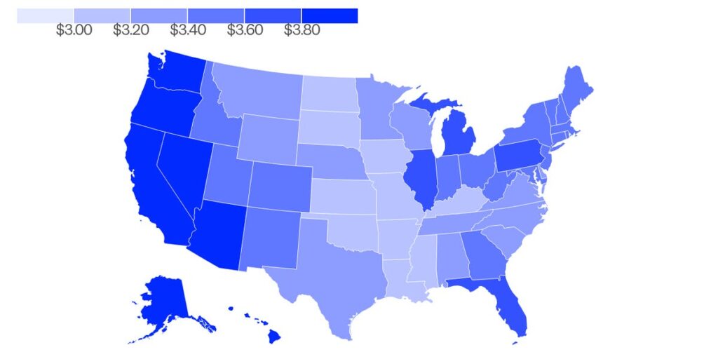 Map shows gas prices have risen above  a gallon in every US state — the first time since 2023