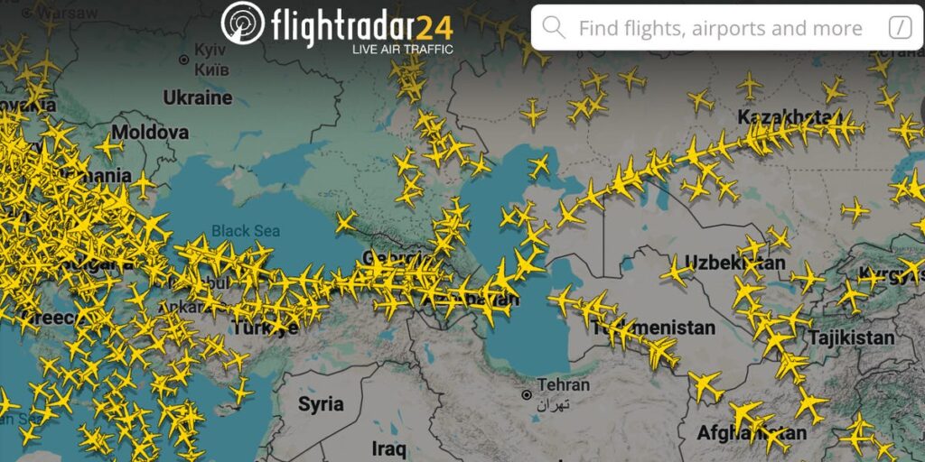 Airlines are being squeezed into this sliver of sky as much of the Middle East joins Russia on the airspace no-fly list