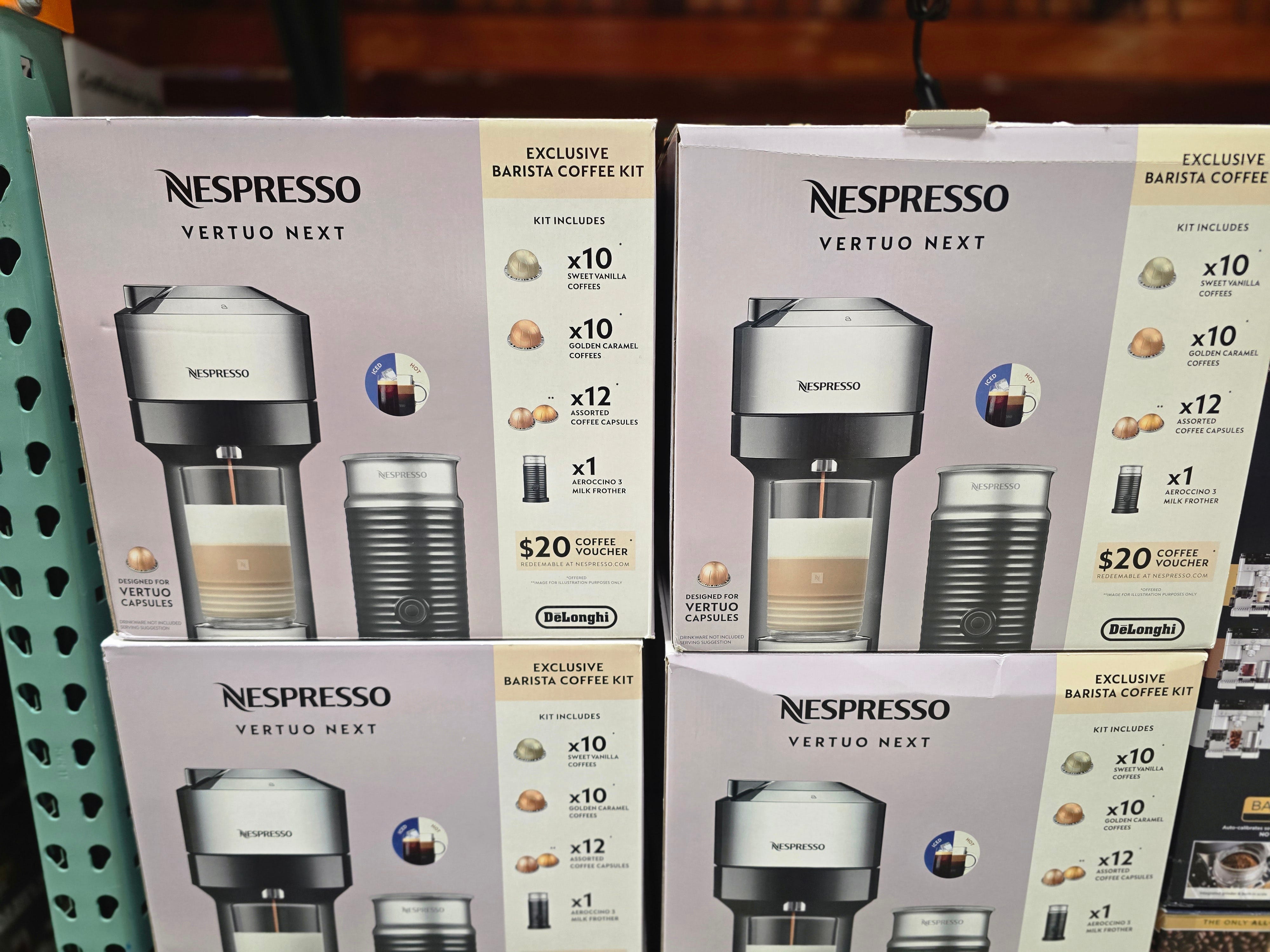 Boxes of Nespresso Verto Next bundles on display at Costco.