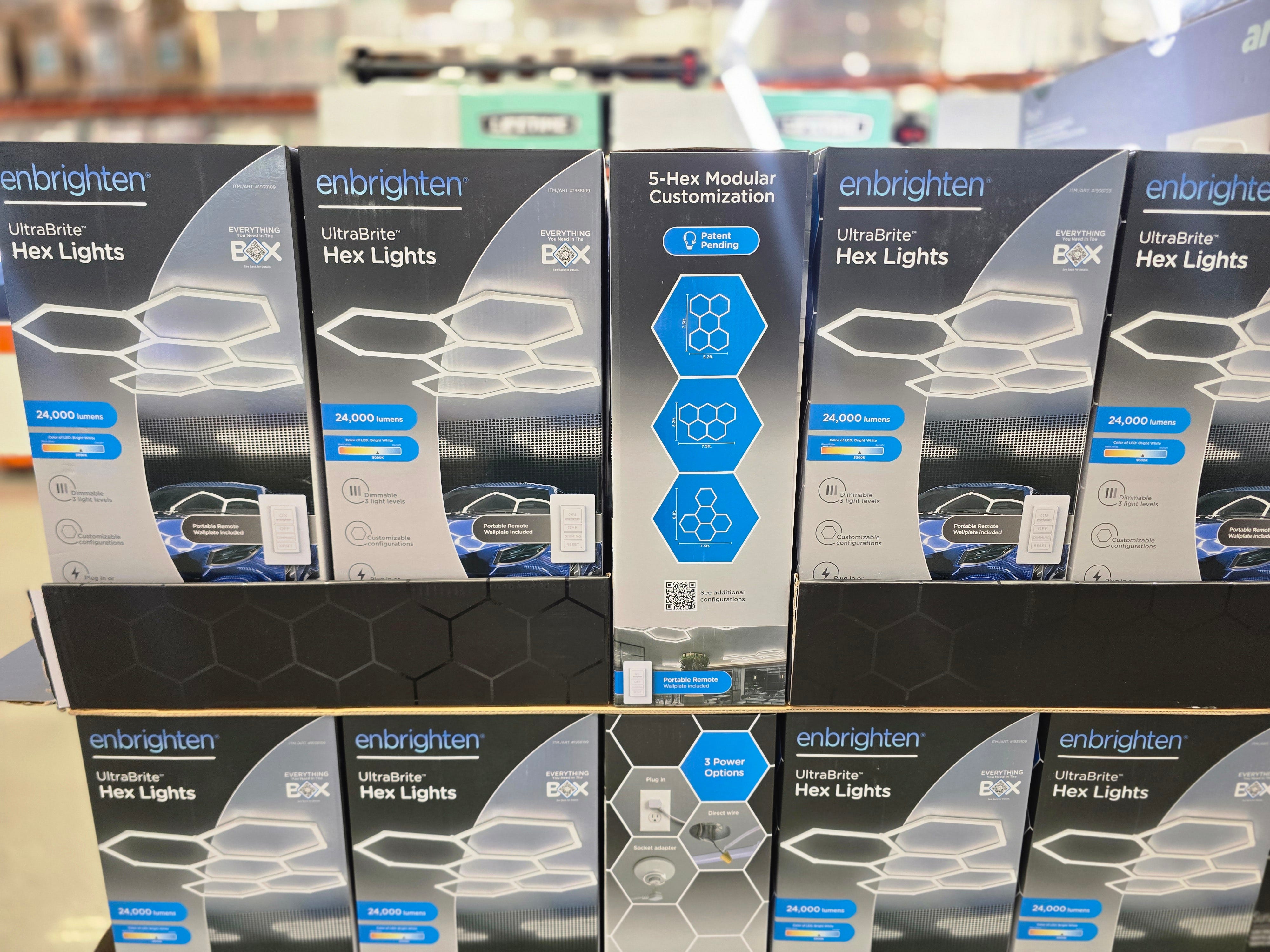 Boxes of Enbrighten hexagon-shaped lights.