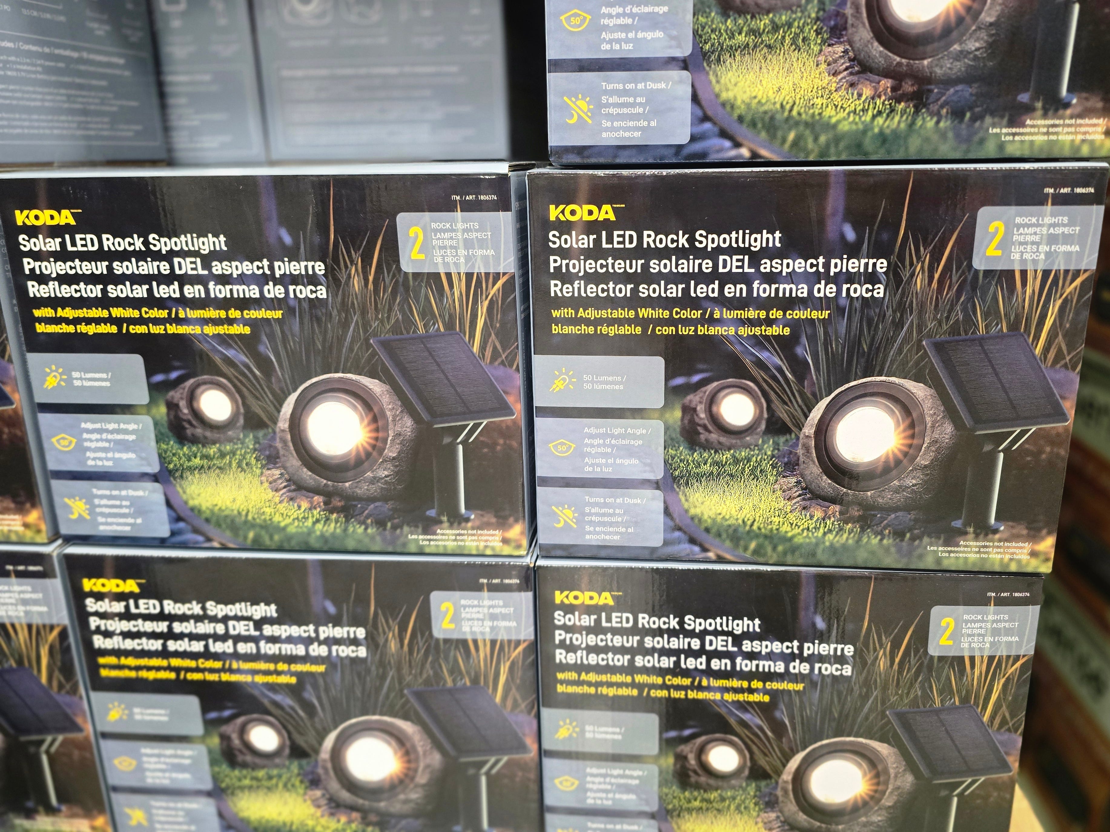 Boxes of Koda solar rock lights on display at Costco.
