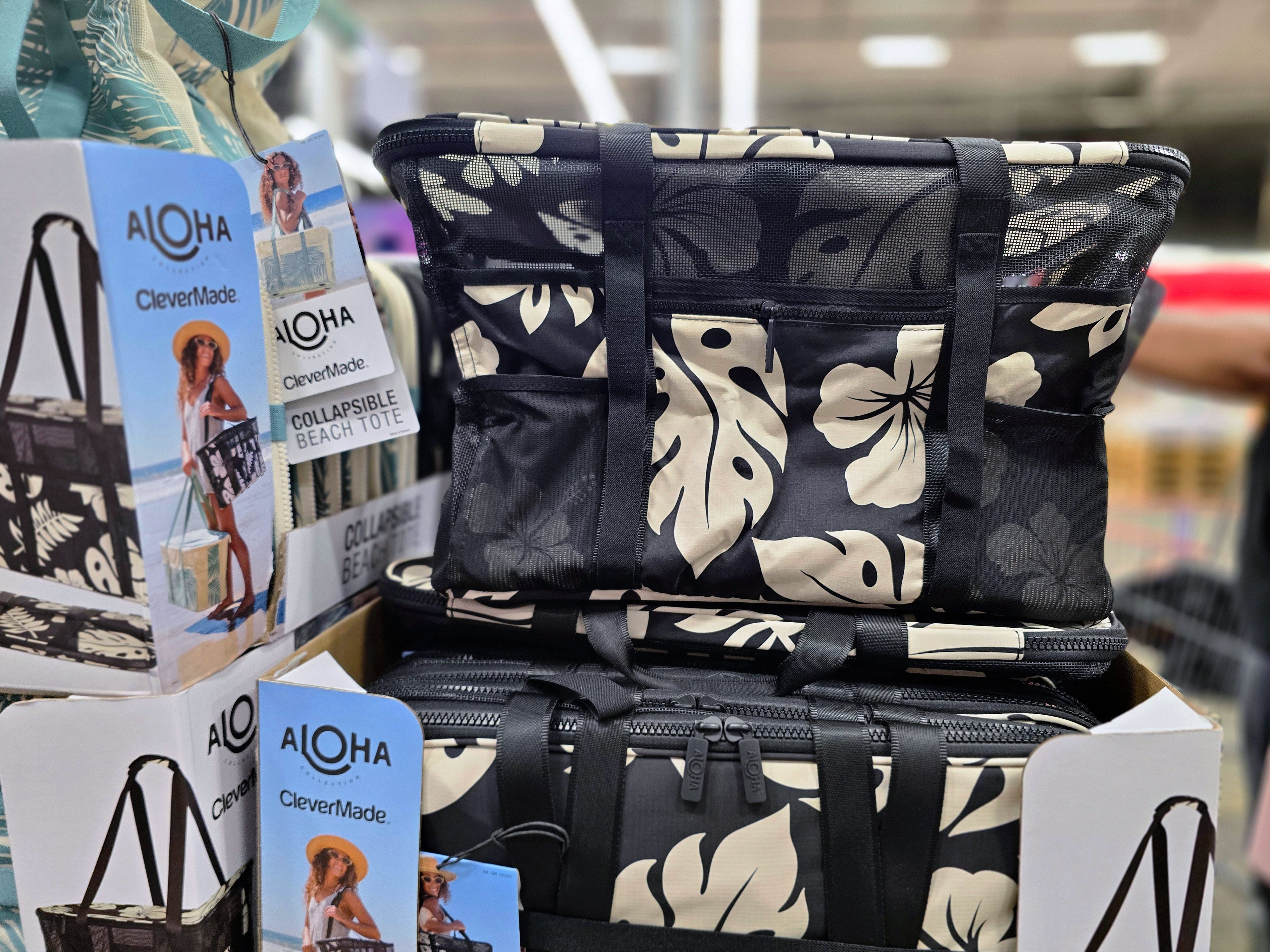 A black and white floral beach tote on display at Costco.
