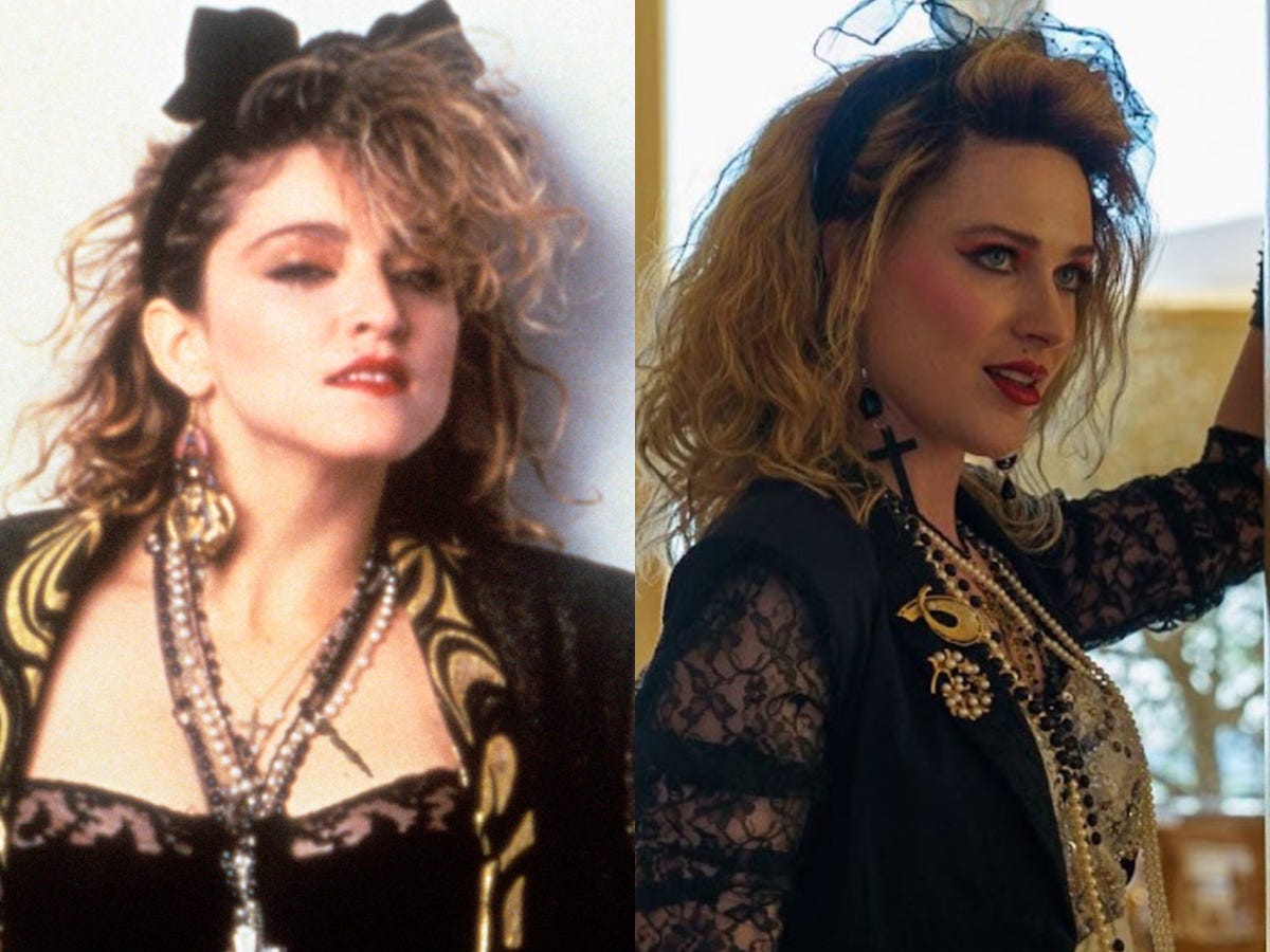 On the left: Madonna in 1985. On the right: Evan Rachel Wood as Madonna in "Weird: The Al Yankovic Story."