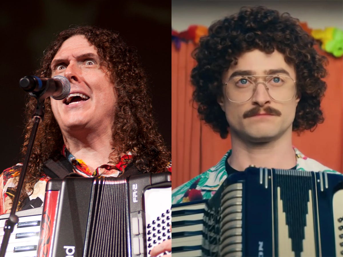 On the left: Weird Al Yankovic performing in 2010. On the right: Daniel Radcliffe as Yankovic in "Weird: The Al Yankovic Story."