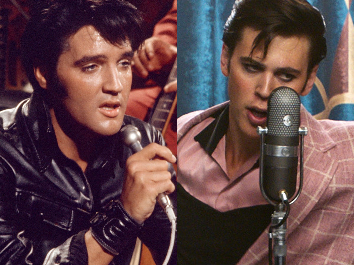 On the left: Elvis Presley in the '60s. On the right: Butler as Presley in "Elvis."