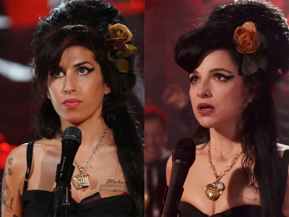 Amy Winehouse, left, performing for the 2008 Grammys, and Marisa Abela, right, as Amy Winehouse in "Back to Black."