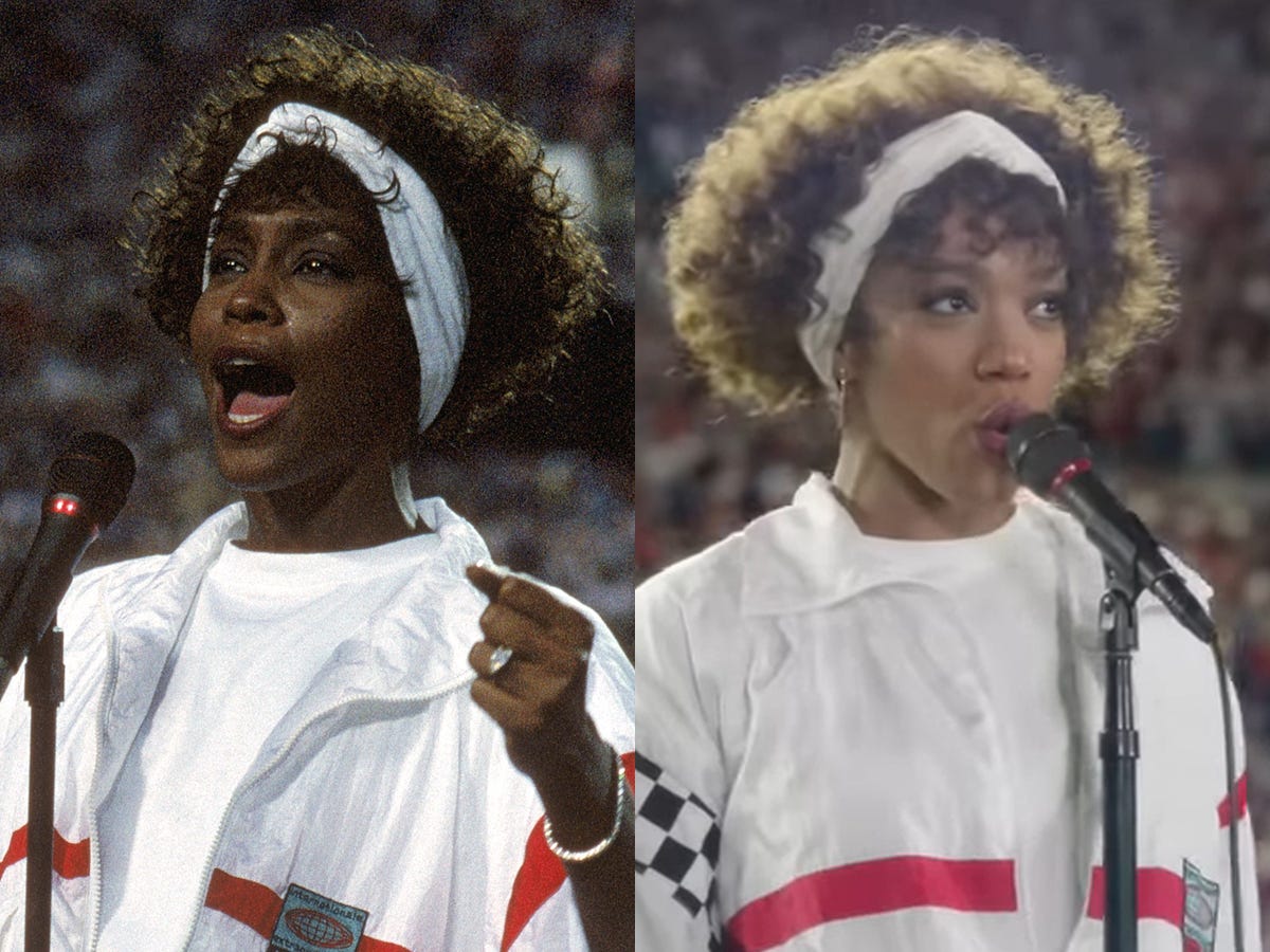On the left: Whitney Houston singing the national anthem in 1991. On the right: Naomi Ackie recreating the moment in "Whitney Houston: I Wanna Dance With Somebody."