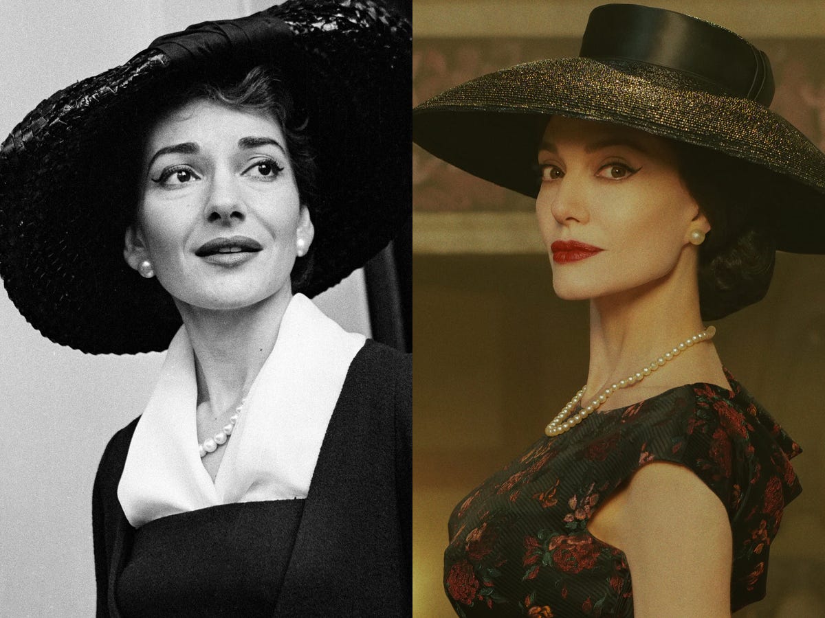Maria Callas, left, in London in June 1958, and Angelina Jolie, right, as Callas in "Maria."