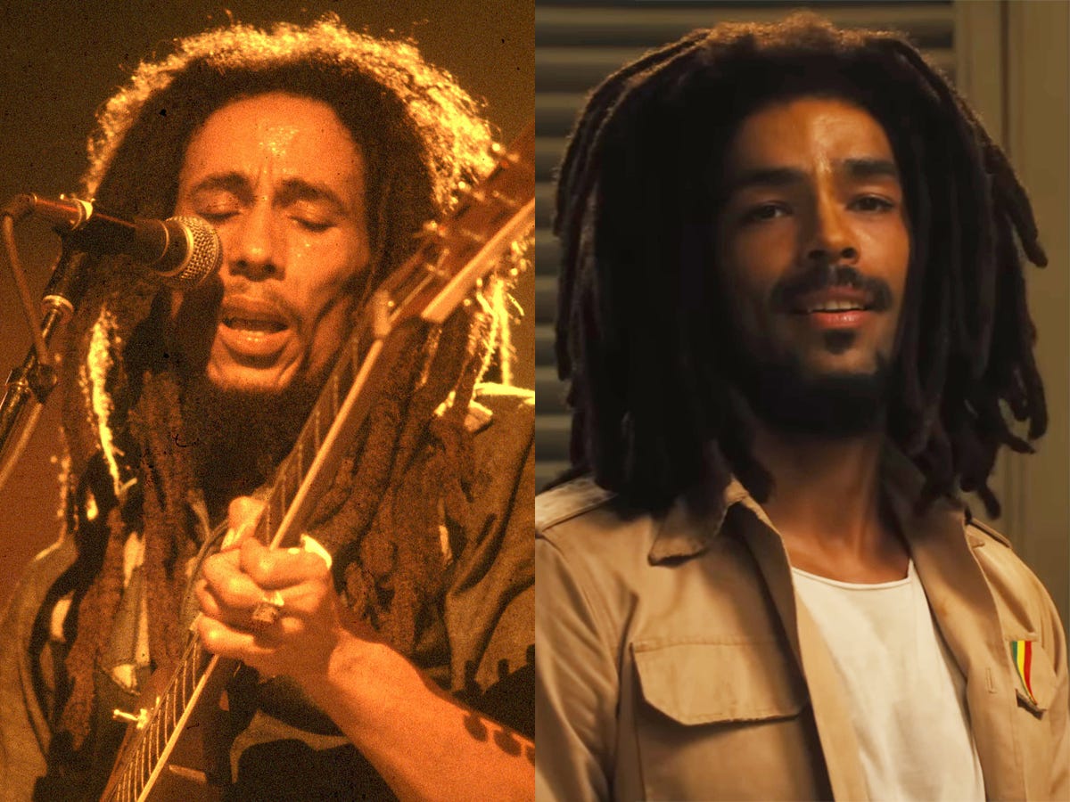 On the left: Bob Marley performing in 1978. On the right: Kingsley Ben-Adir as Marley in "Bob Marley: One Love."