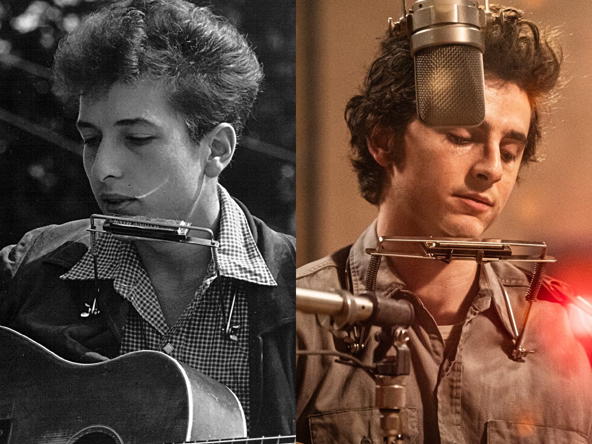 Bob Dylan, left, performing in August 1963, and Timothée Chalamet as Dylan in "A Complete Unknown."