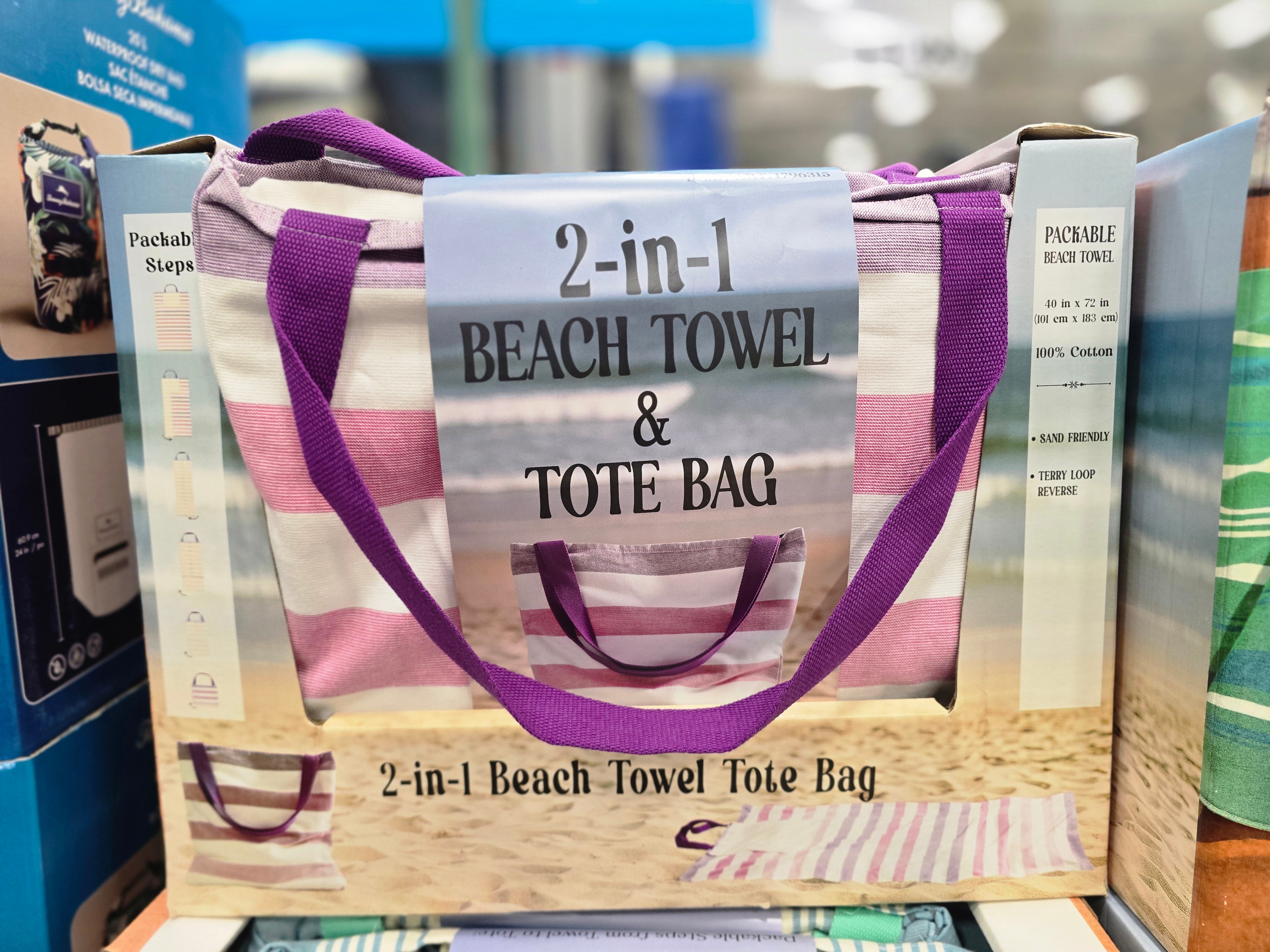 A 2-in-1 striped beach towel and tote bag on display at Costco.