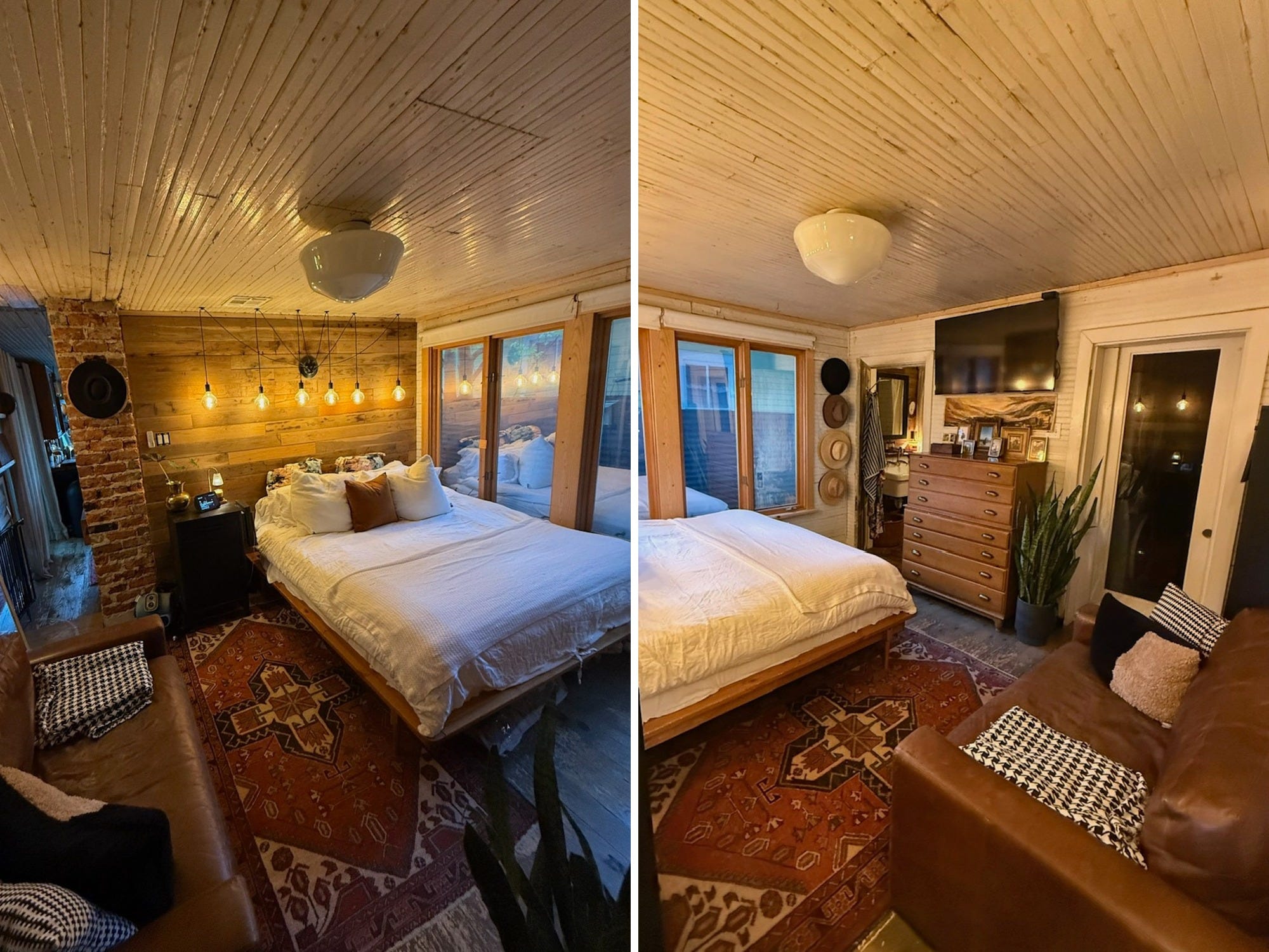 A side-by-side of two angles of a bedroom.