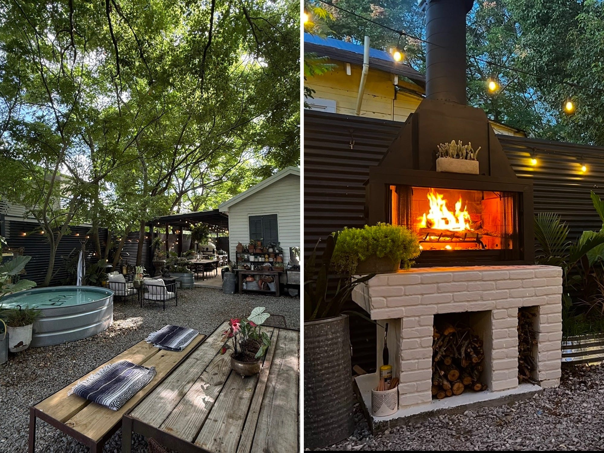 A side-by-side of a large patio space and an outdoor fireplace.
