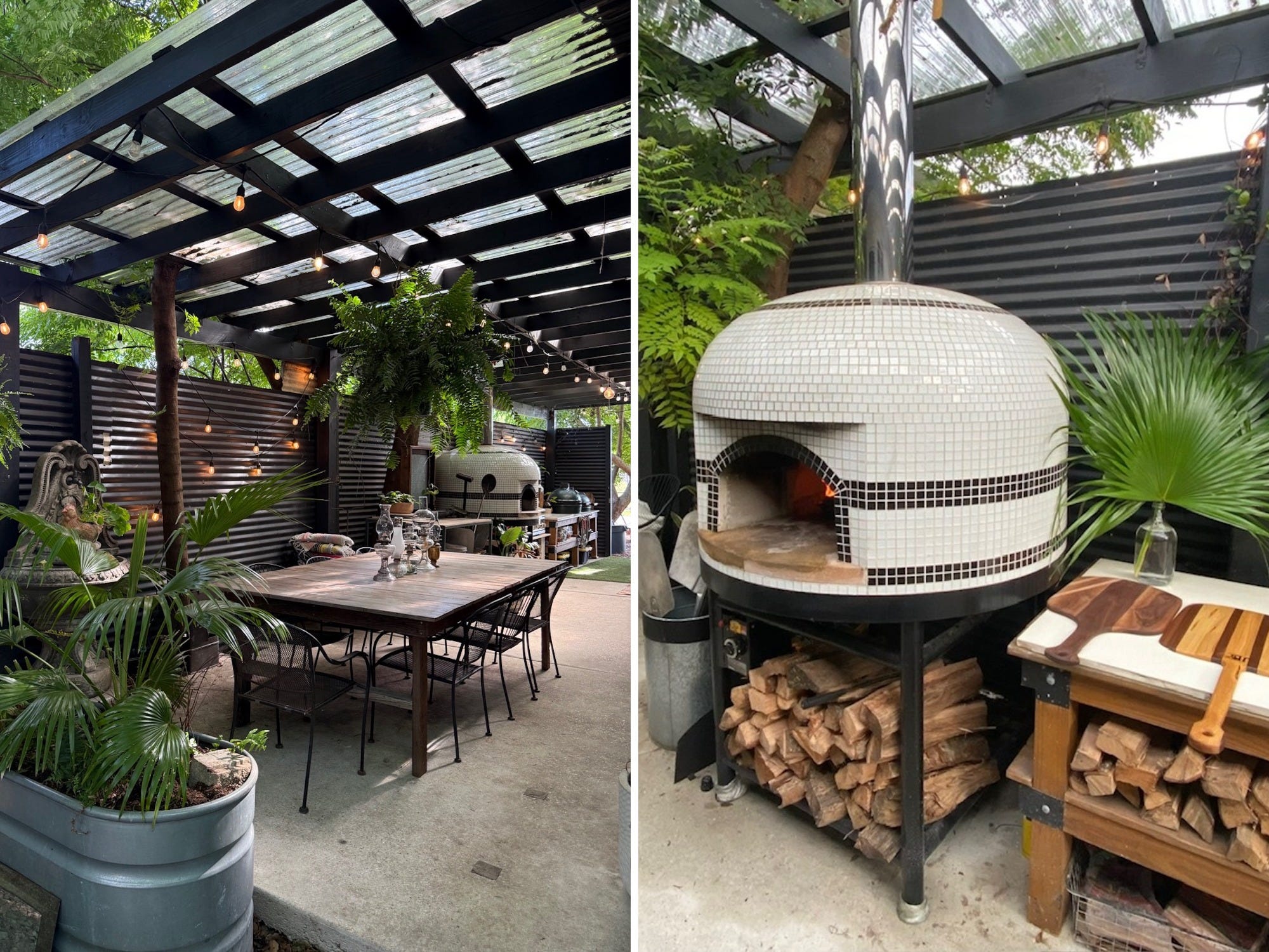 A side-by-side of a covered patio and a close-up of the firepit inside it.