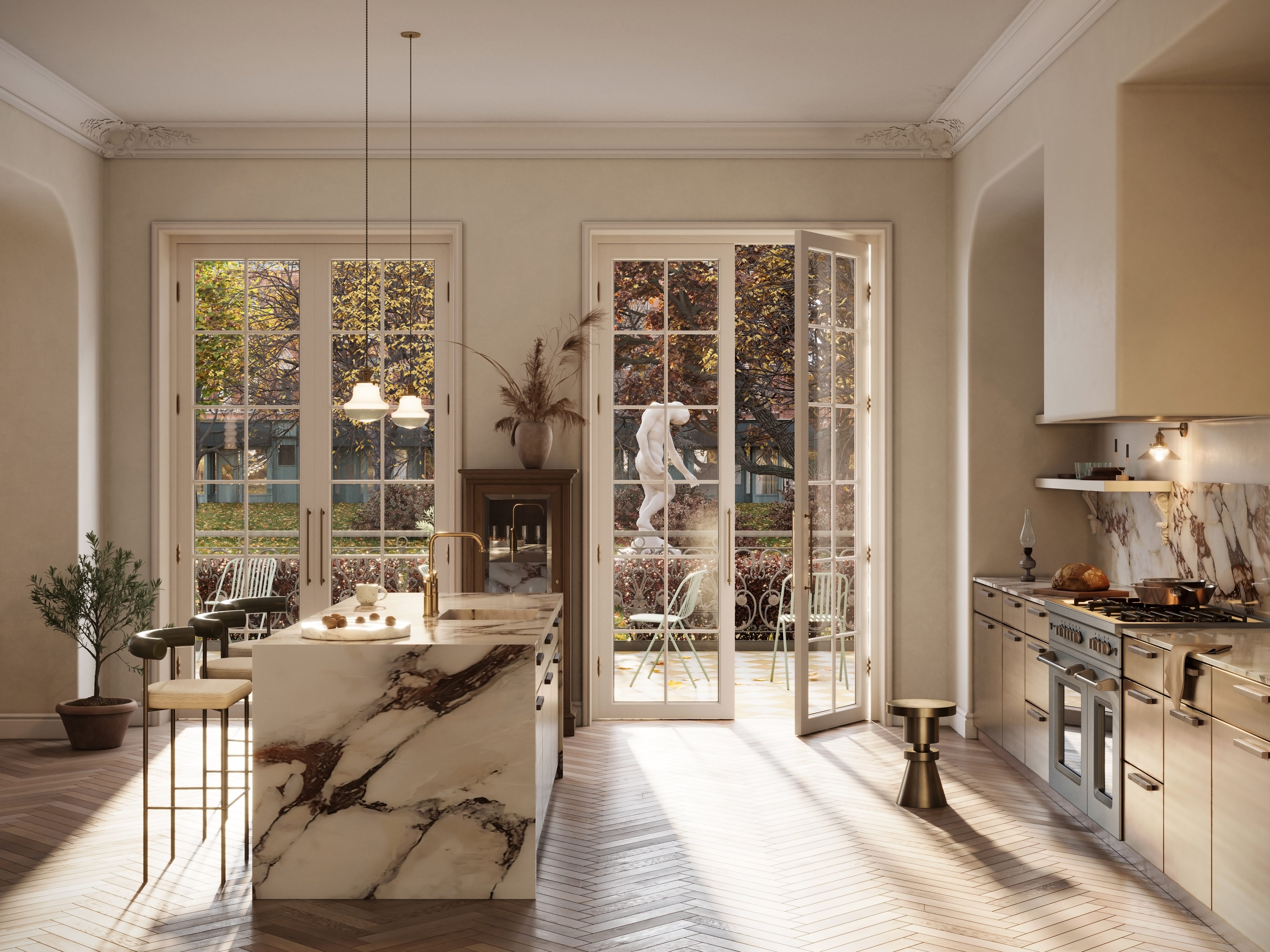Computer generated image of a simple kitchen design. 3D rendering of old style kitchen interior with three high chairs at island.