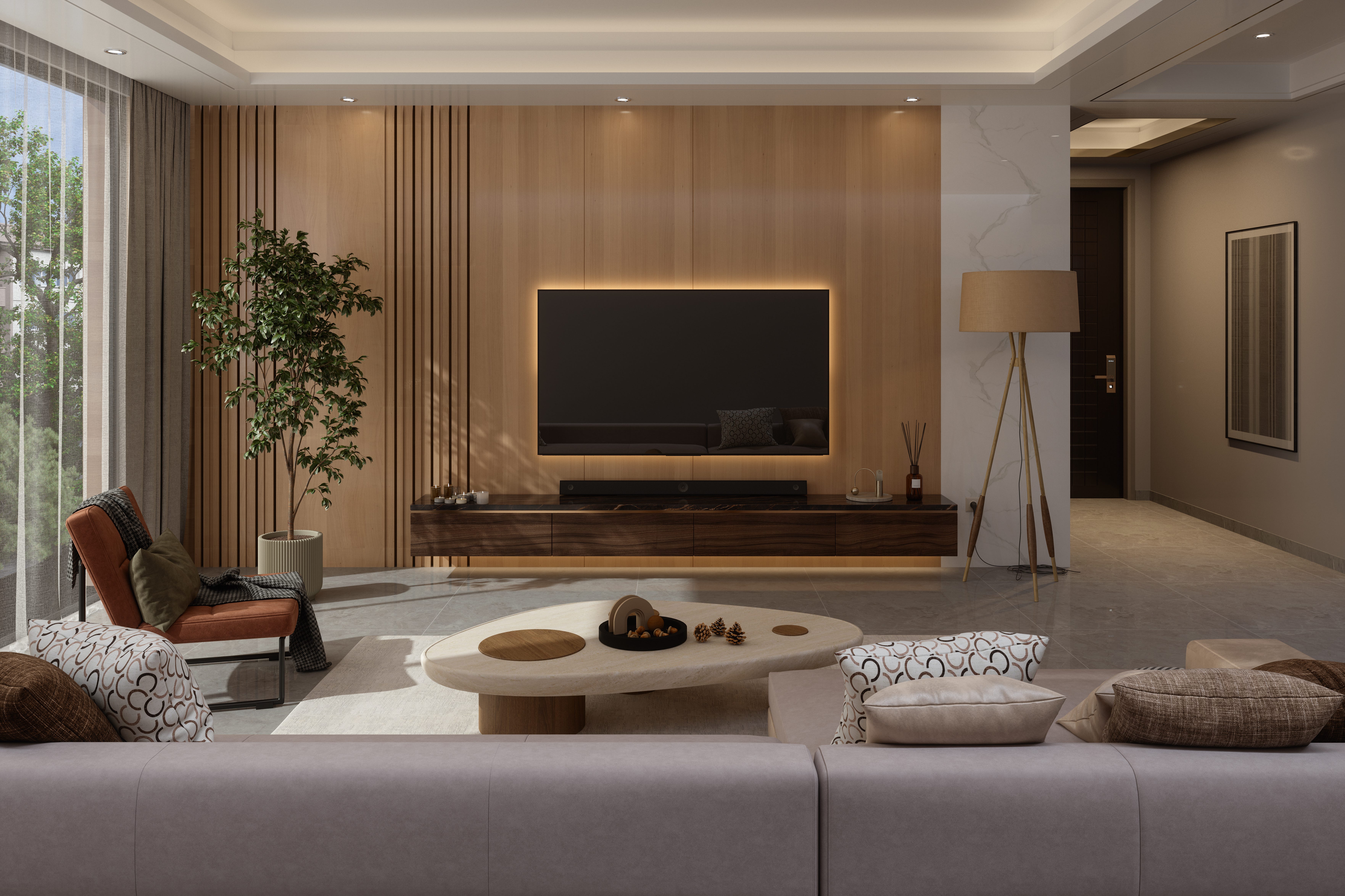 A modern living room interior with a TV and a wooden wall.