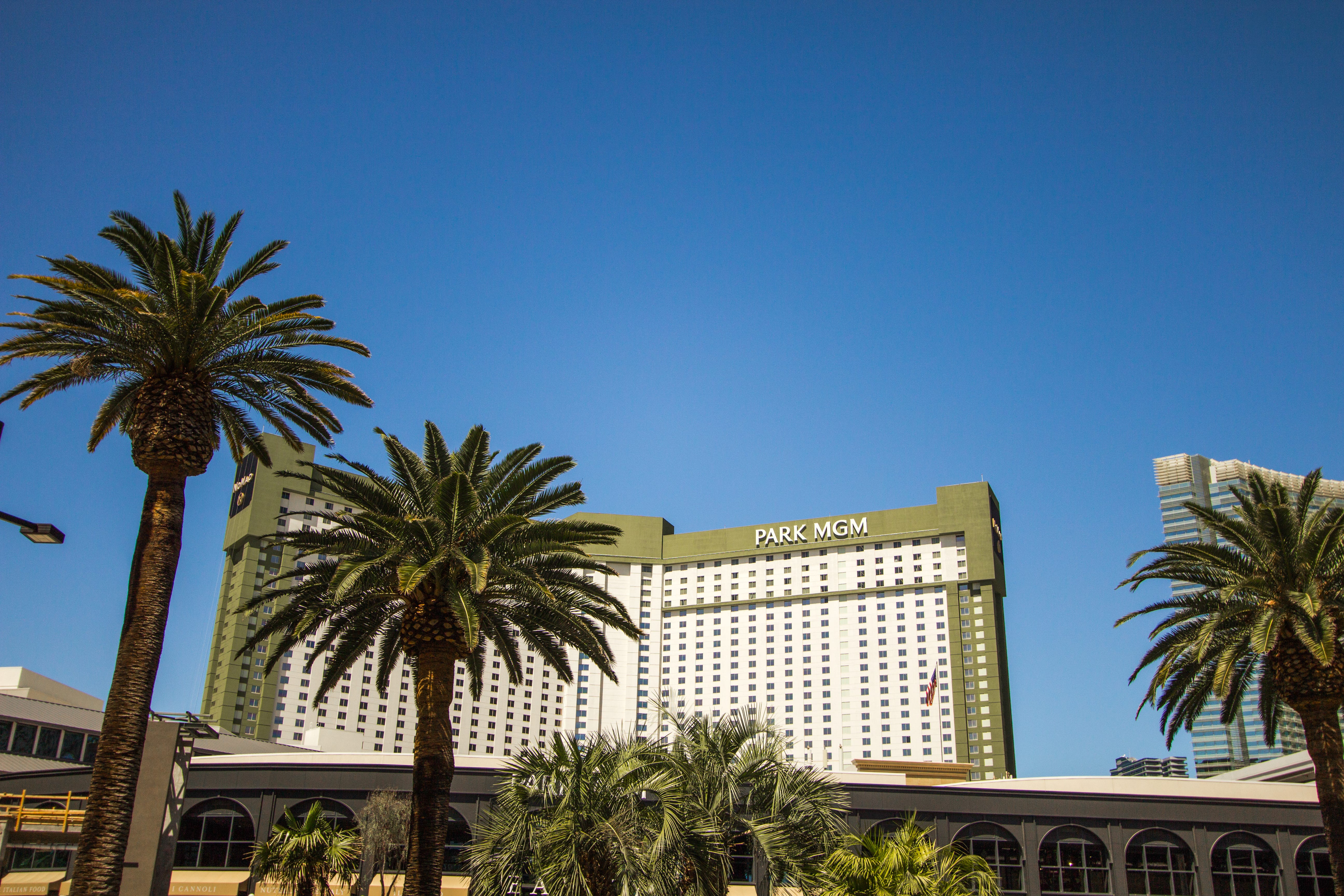 The exterior of the Park MGM hotel in Las Vegas, with palm trees nearby.