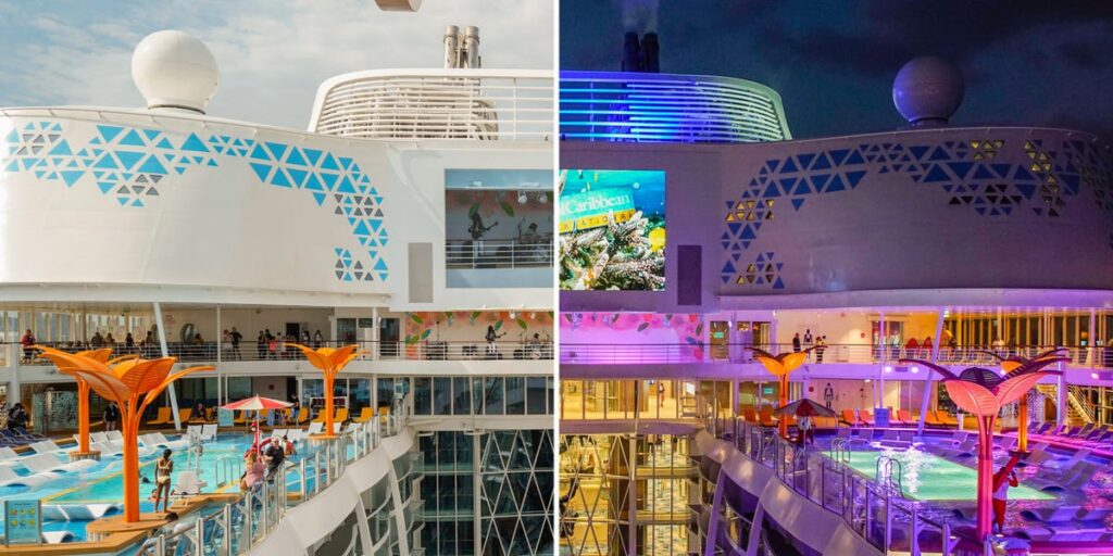 10 side-by-side photos show how a Royal Caribbean cruise ship transforms with colorful lights at night