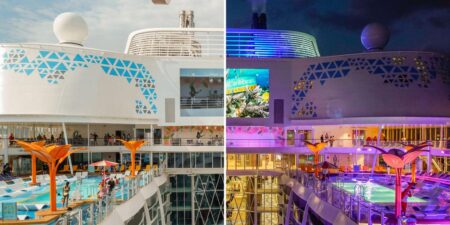 10 side-by-side photos show how a Royal Caribbean cruise ship transforms with colorful lights at night