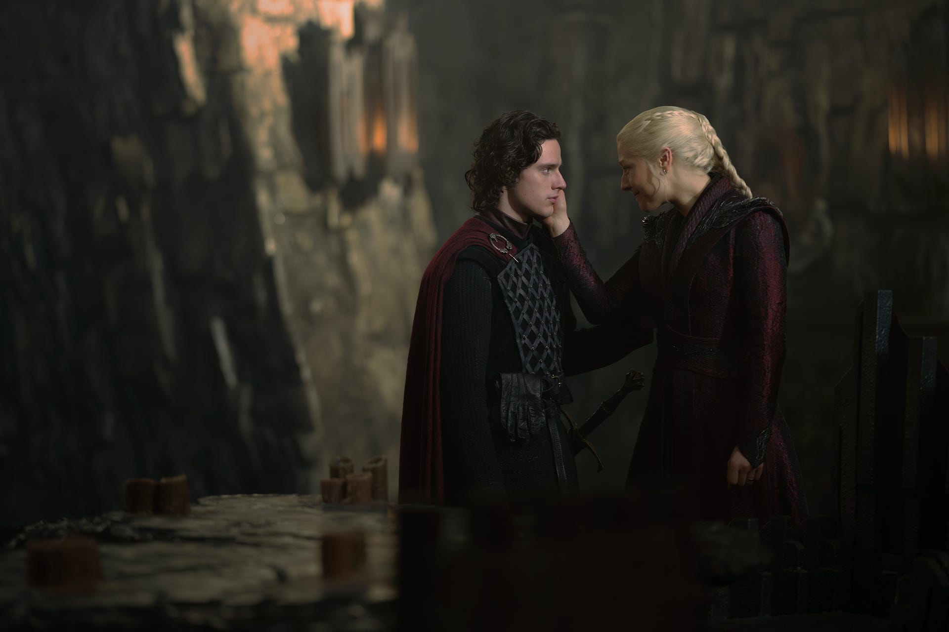 Harry Collett and Emma D'Arcy as Jacaerys and Rhaenyra in "House of the Dragon" season three.