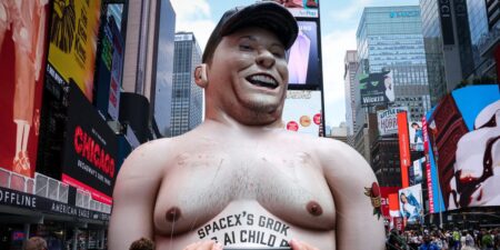 Giant inflatable Elon Musk appears in Times Square one day before SpaceX IPO, with a scathing message for its CEO