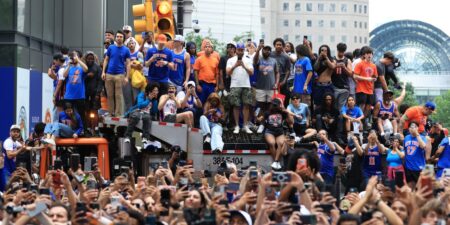 The Financial District turned orange and blue to celebrate the Knicks’ first NBA championship in 53 years The Financial District turned orange and blue to celebrate the Knicks’ first NBA championship in 53 years