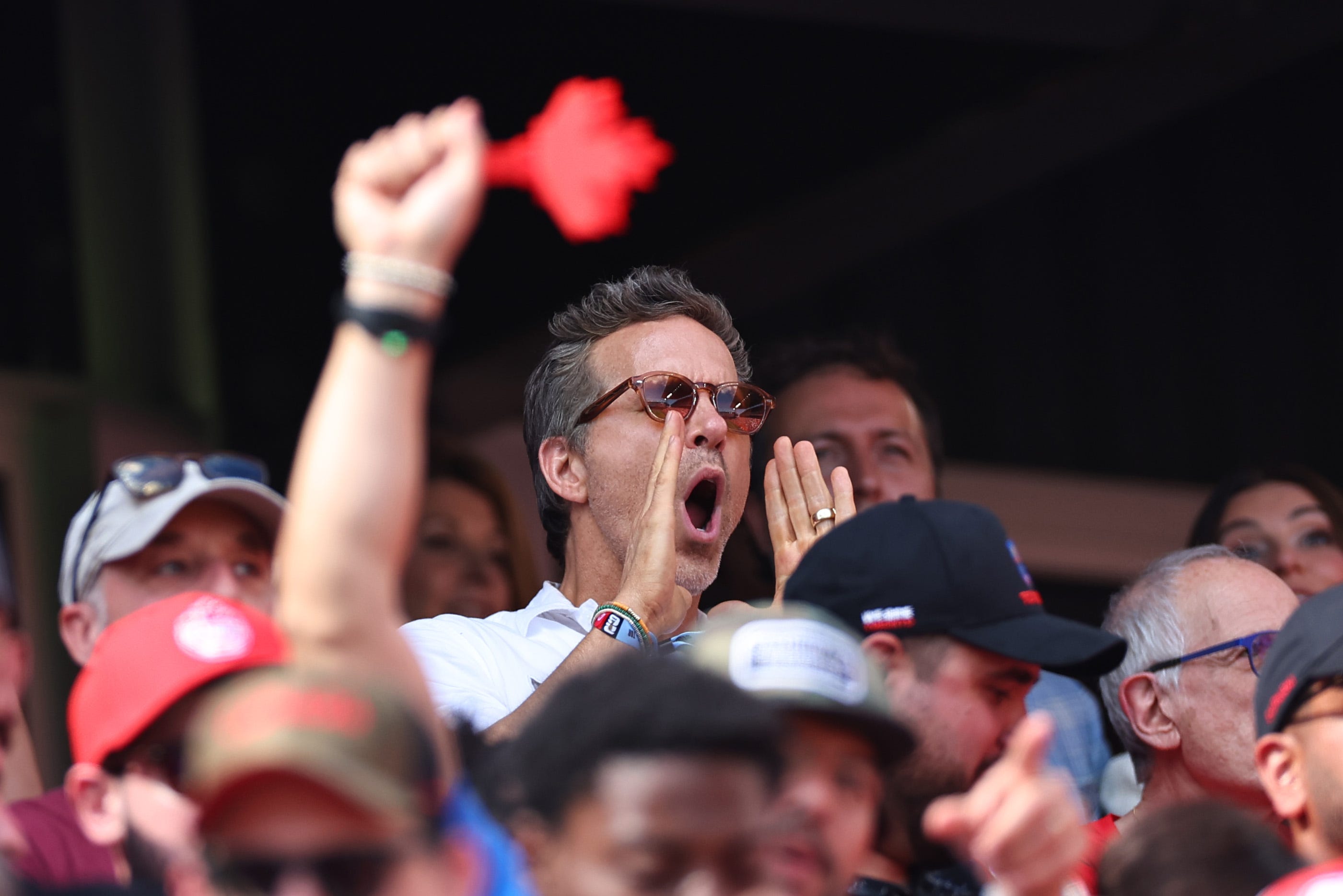 Ryan Reynolds, actor and co-owner of Wrexham celebrates as he wathes the the FIFA World Cup 2026 Group B match between Canada and Bosnia and Herzegovina at Toronto Stadium on June 12, 2026 in Toronto, Ontario.
