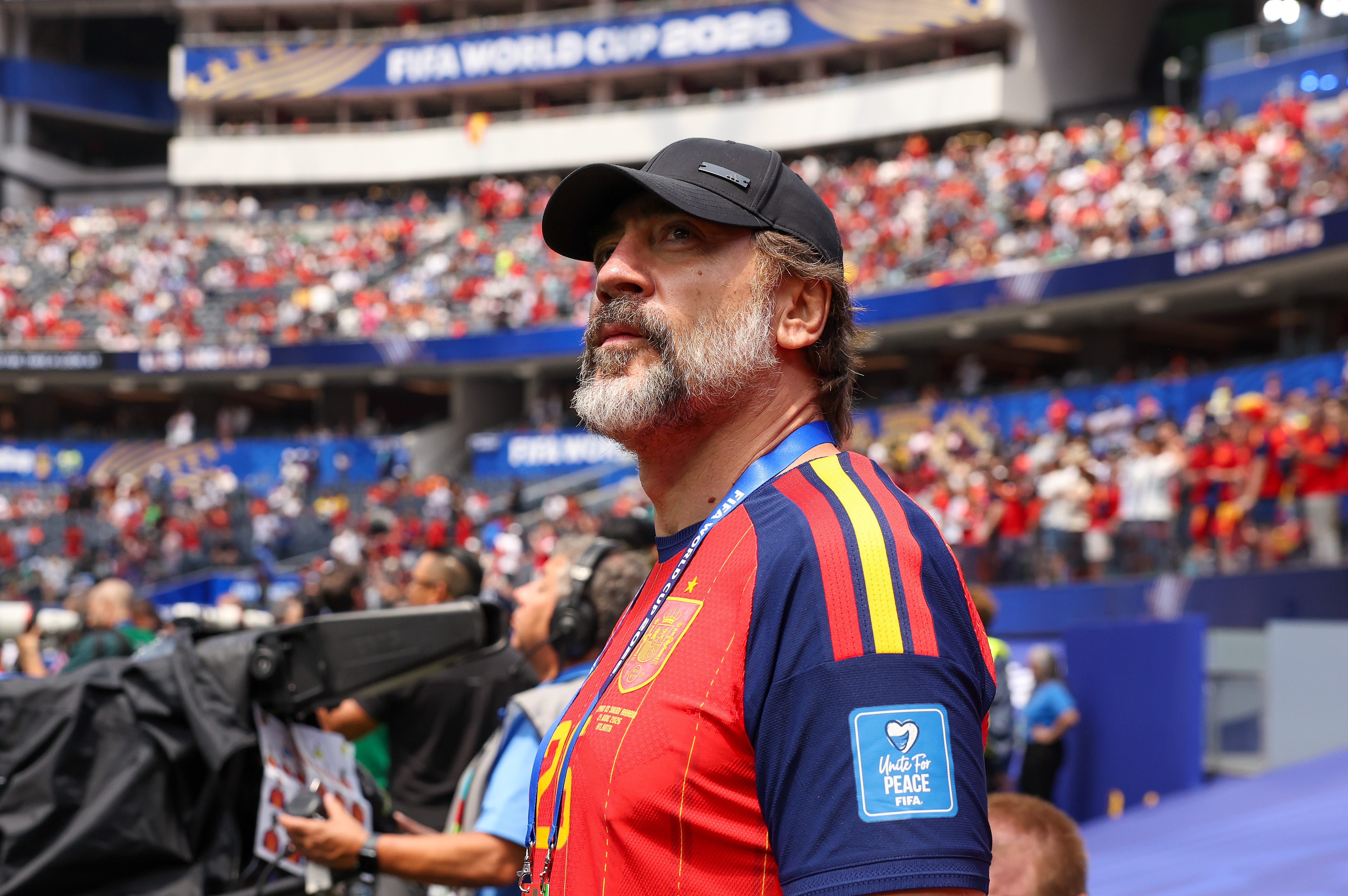 Javier Bardem attends the FIFA World Cup 2026 Quarter Final match between Spain and Belgium at Los Angeles Stadium on July 10, 2026 in Inglewood, California.