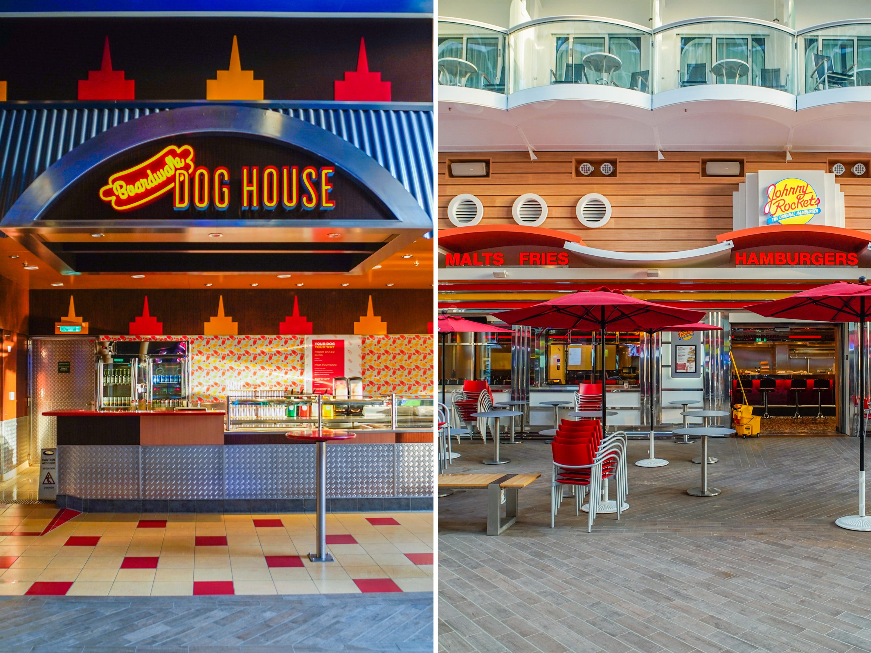A composite image of a hot dog restaurants and a burger restaurant on a cruise ship