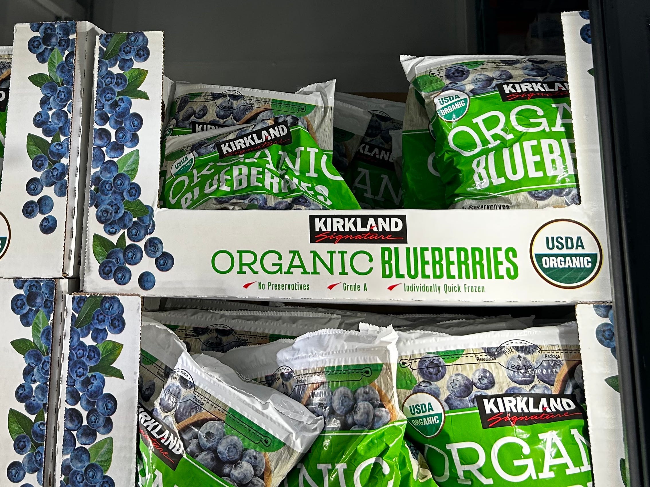 Bags of Kirkland Signature frozen organic blueberries.