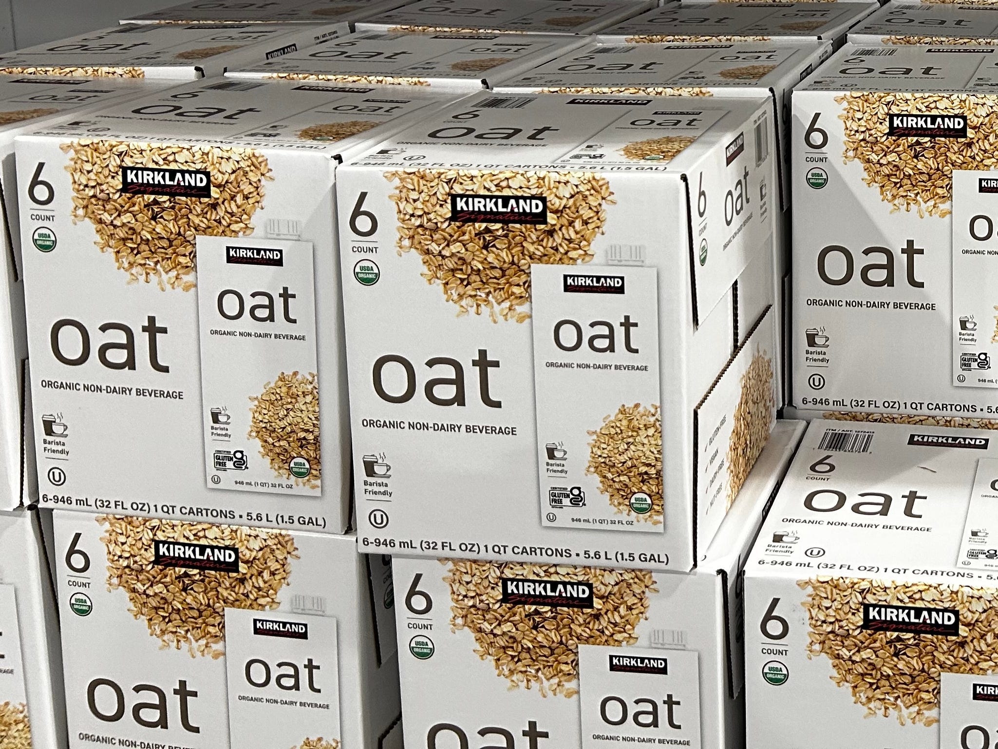 Boxes of Kirkland Signature oat milk.