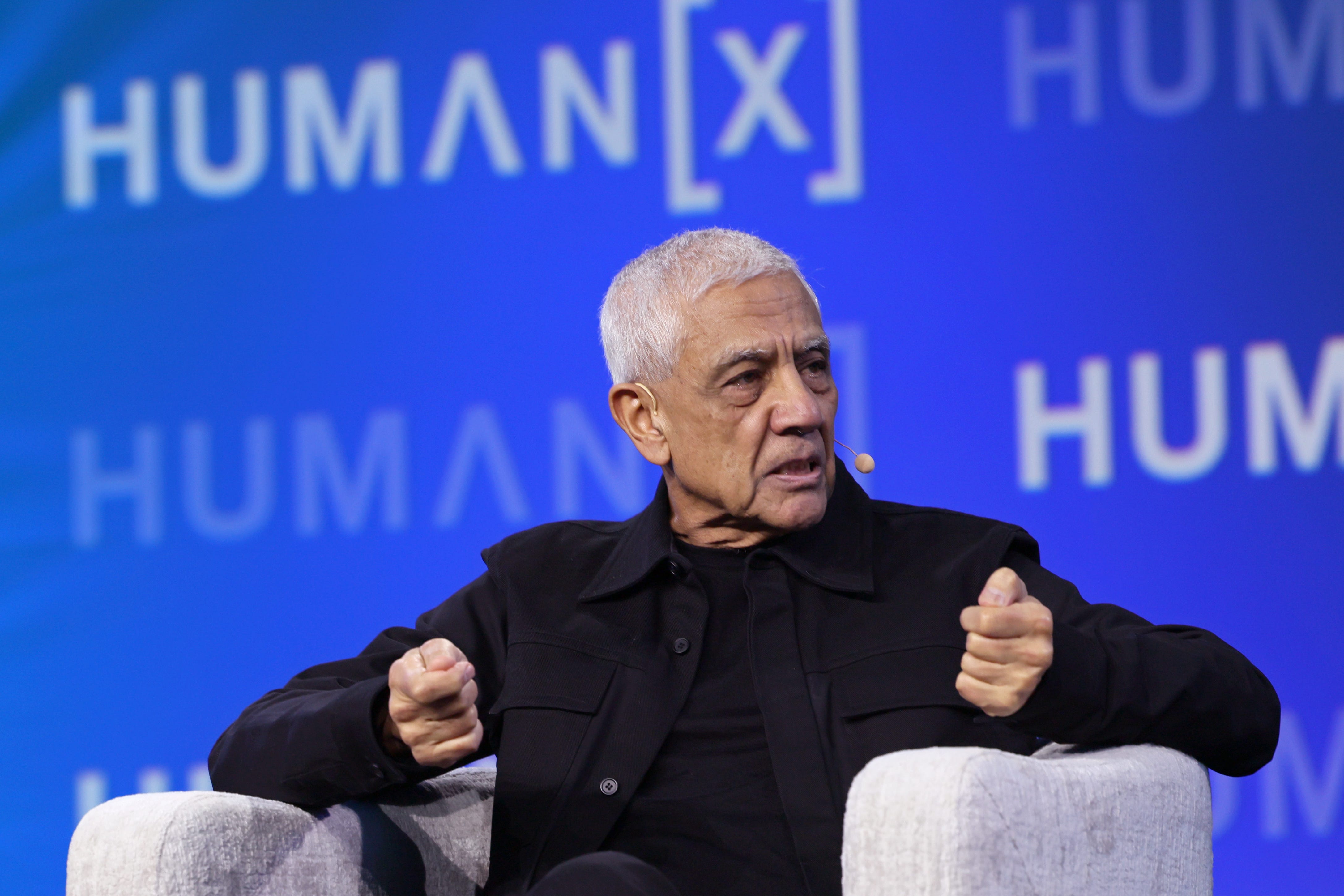 APRIL 08: Vinod Khosla speaks onstage during the "Super Reliability vs. Super Intelligence" panel at the HumanX Conference San Franciso 2026 Moscone Center South on April 08, 2026 in San Francisco, California. (Photo by Big Event Media/Getty Images for HumanX Conference