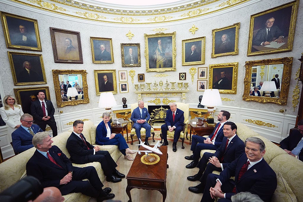 King Charles and Donald Trump meet in the Oval Office.