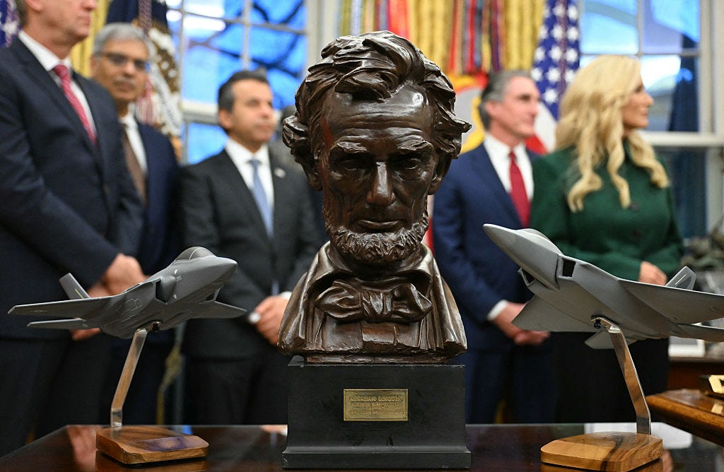 A bust of Abraham Lincoln in the Oval Office.