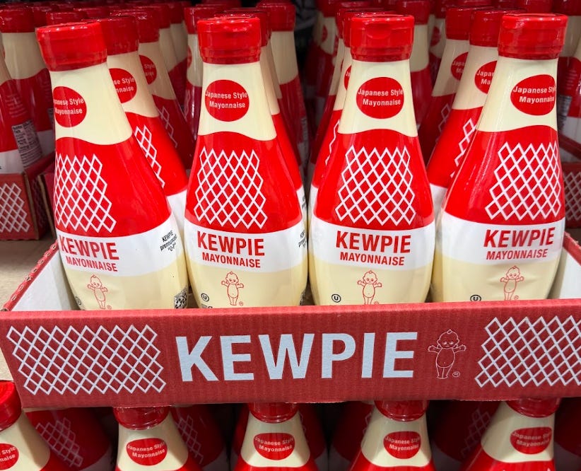 Jugs of Japanese-style Kewpie mayonnaise.