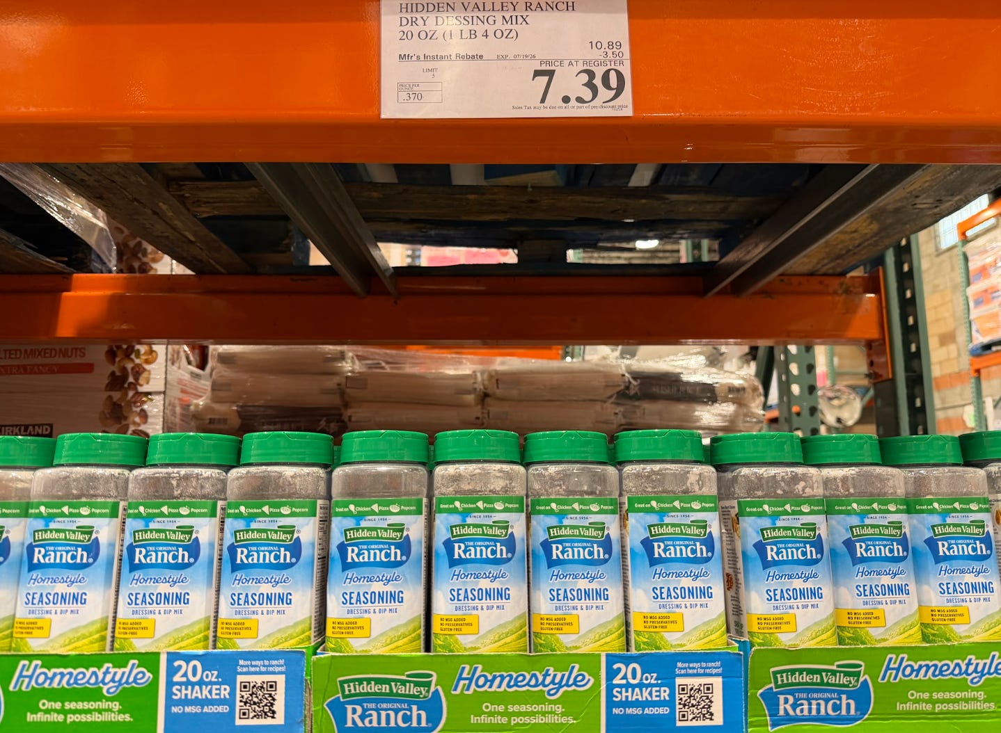 Boxes of Hidden Valley ranch seasoning at Costco.