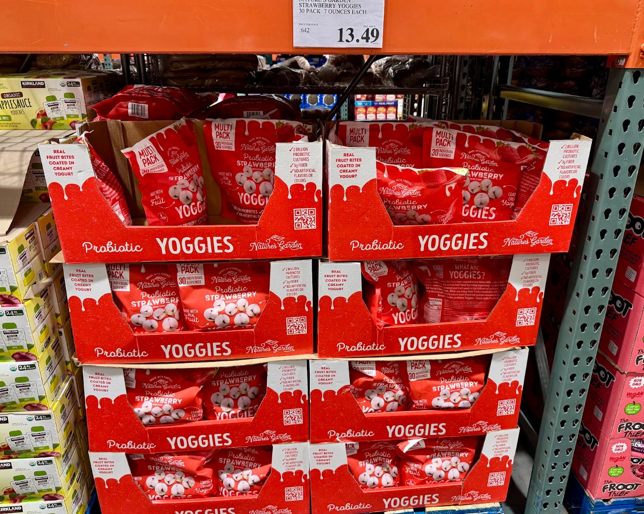 Bags of probiotic strawberry Yoggies at Costco.