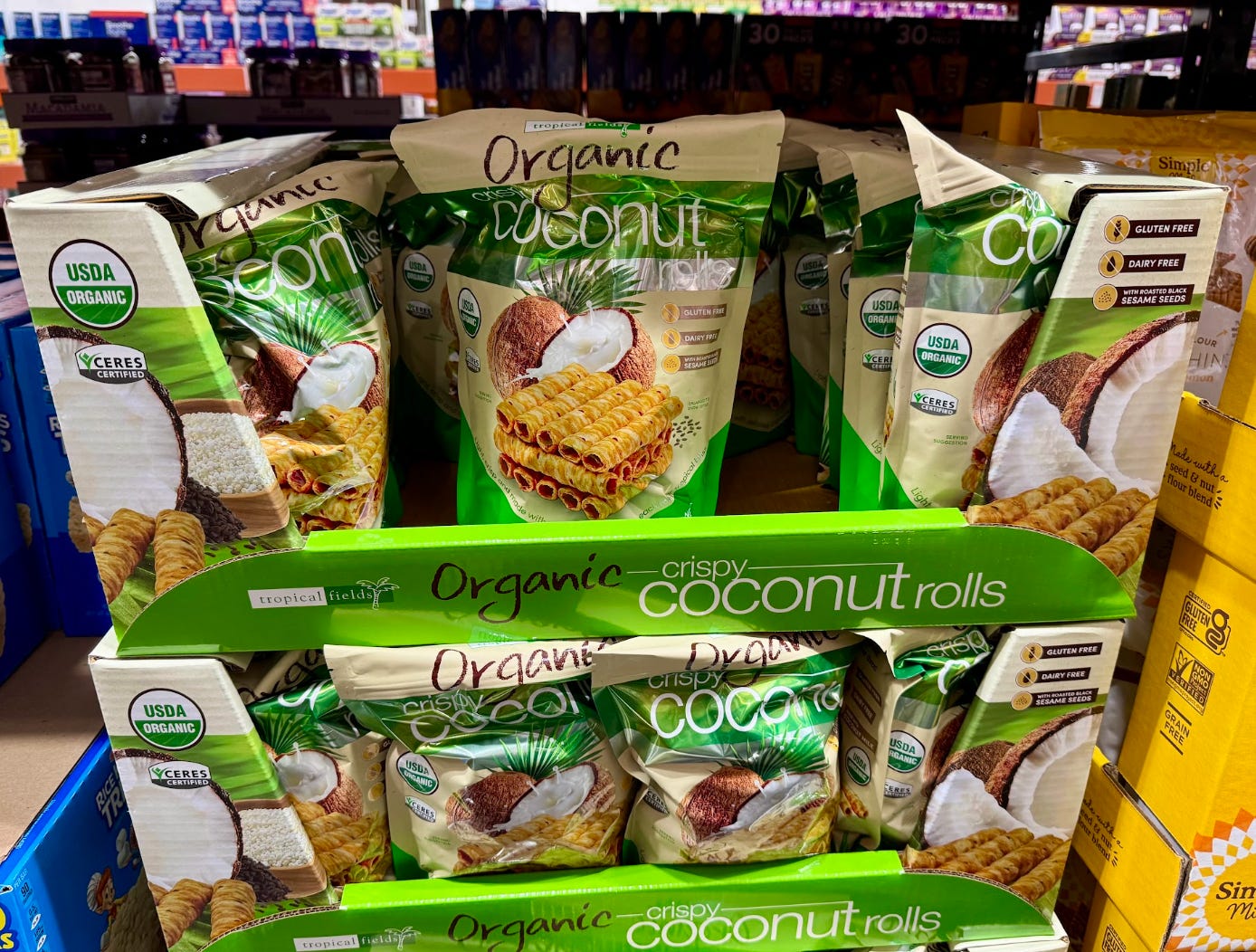 Bags of organic crispy coconut rolls at Costco.