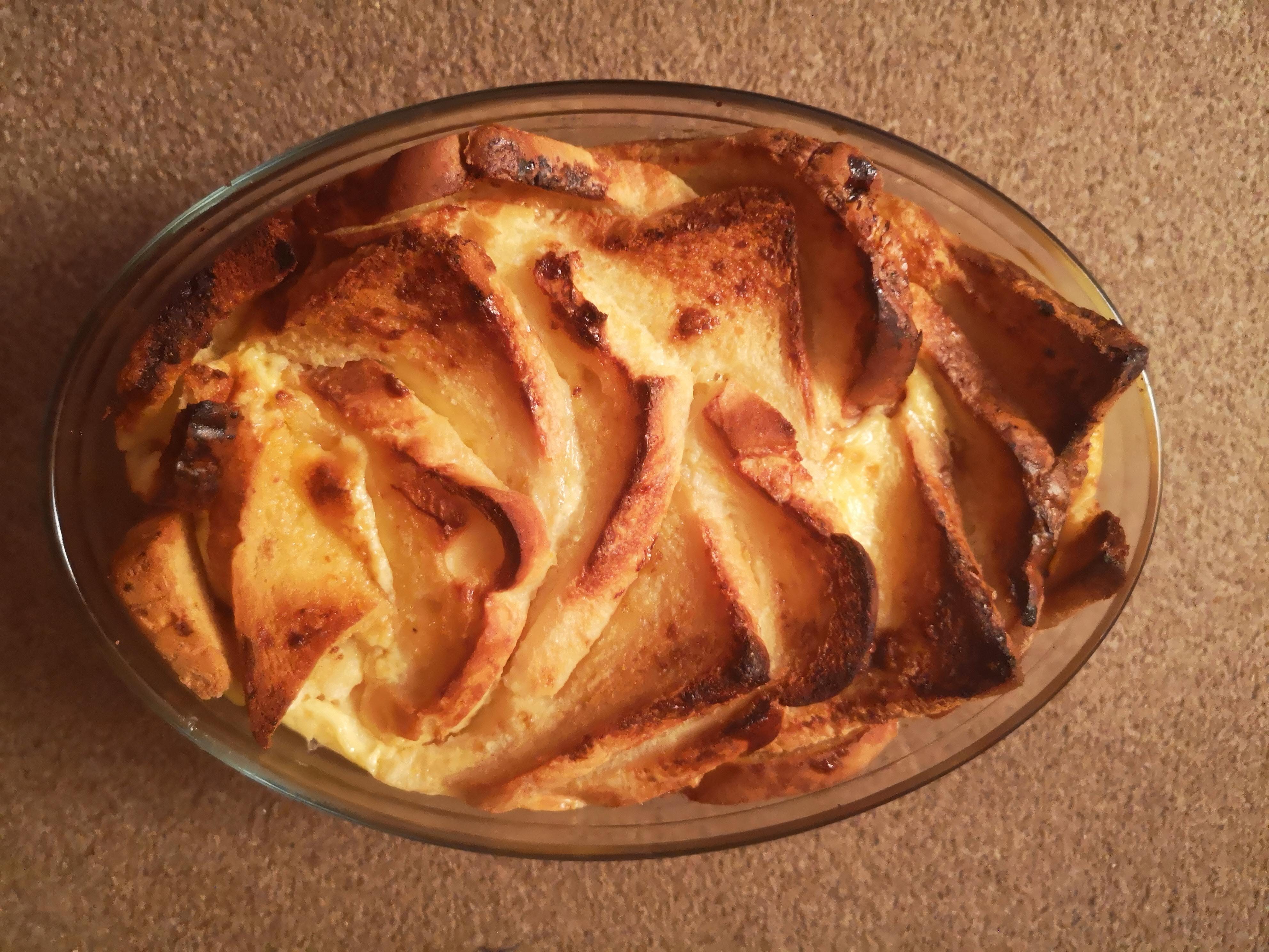 Bread pudding in a glass dish