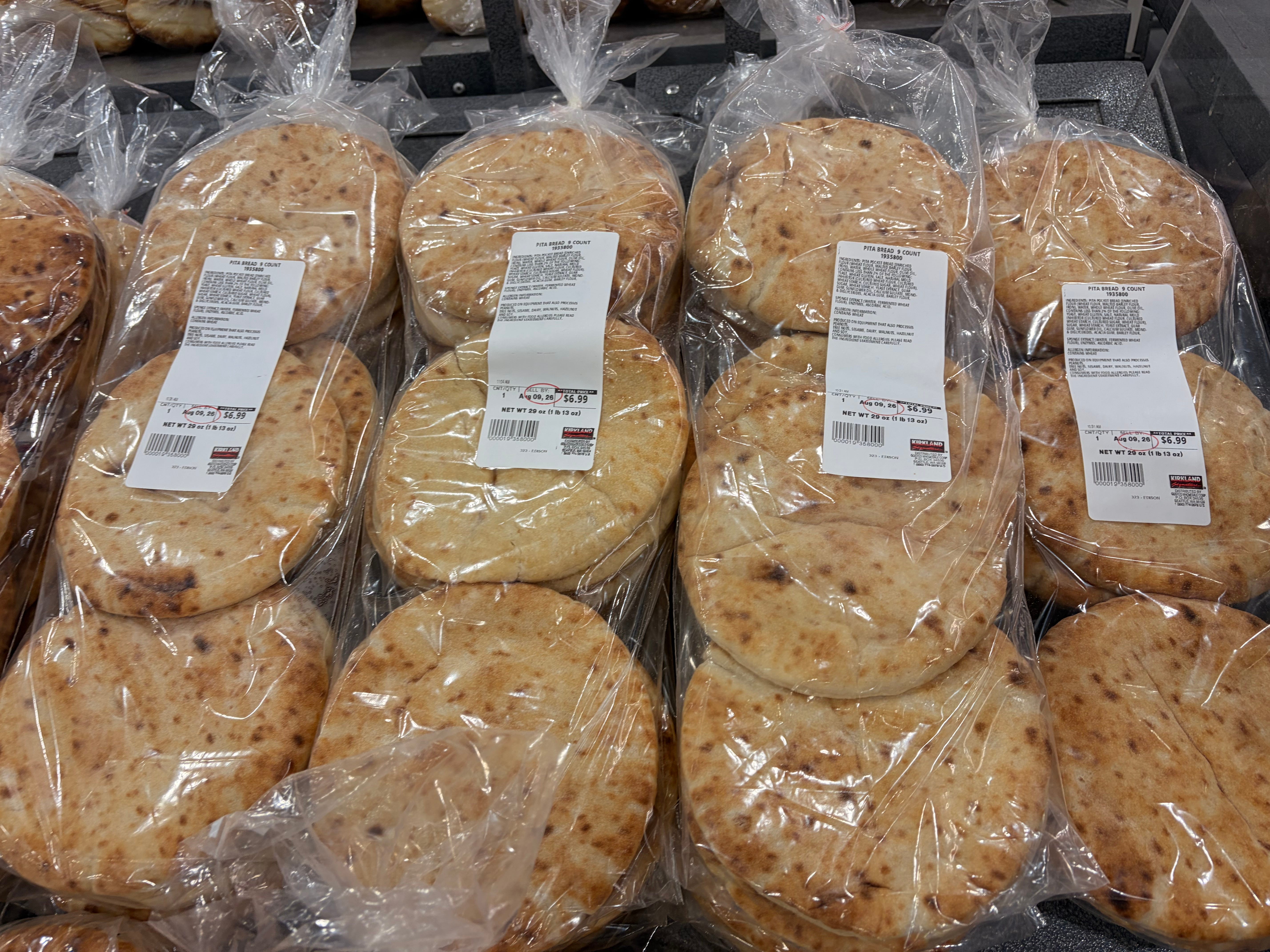 Bags of Kirkland Signature pita bread.
