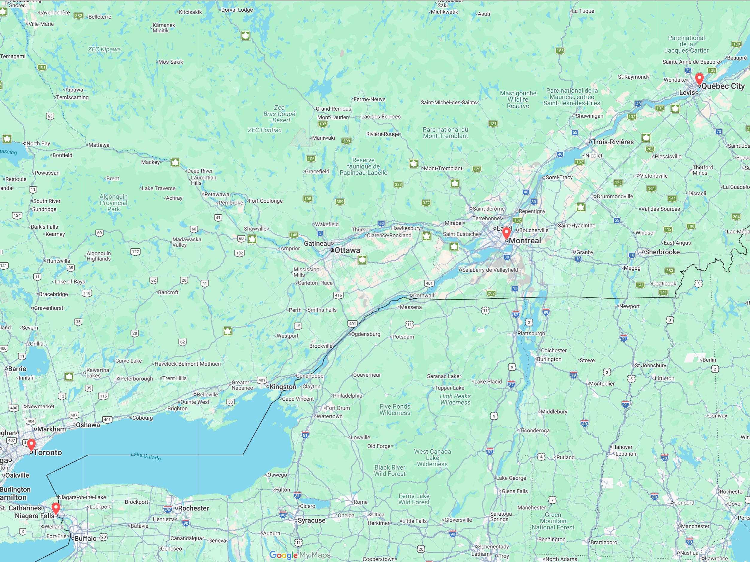Map of eastern Canada and the northeastern United States with markers near Toronto, Montreal, Québec City, and Niagara Falls.