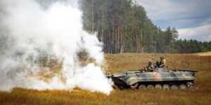 Western forces are role-playing as Russia in training, attacking Ukrainian troops with tanks, ATVs, and motorcycles