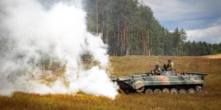 Western forces are role-playing as Russia in training, attacking Ukrainian troops with tanks, ATVs, and motorcycles