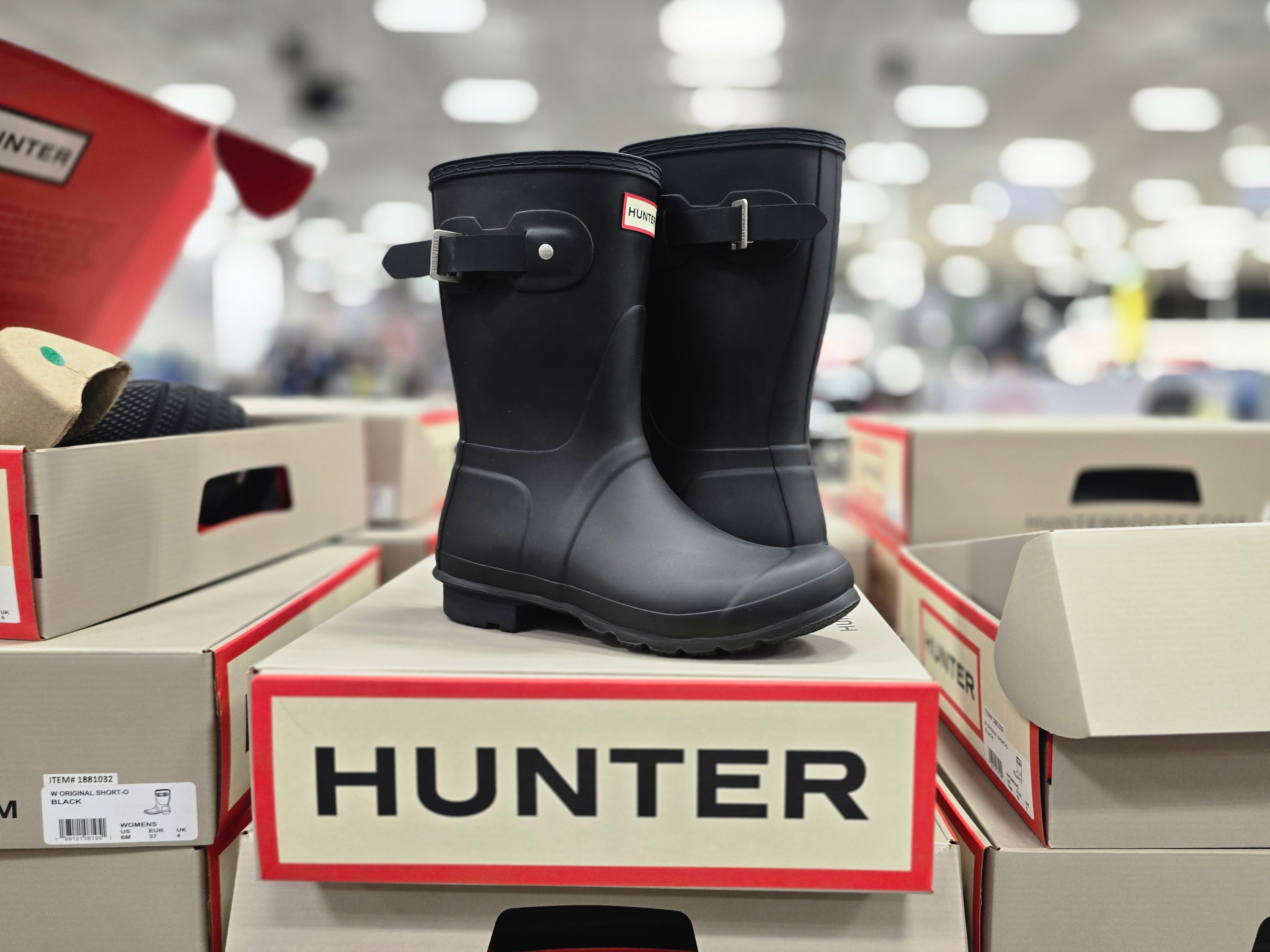 A pair of Hunter rain boots on display at Costco.