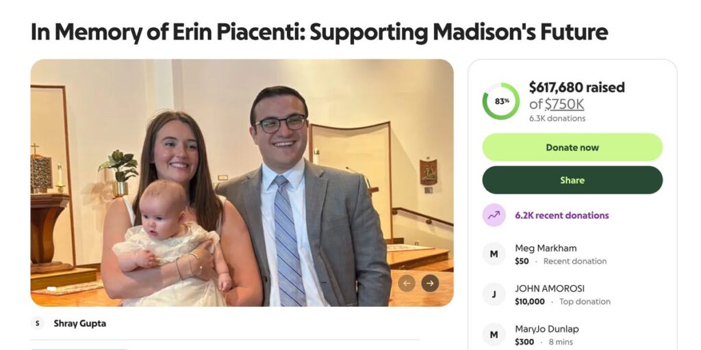 A GoFundMe raises more than 0,000 for newborn daughter of BofA employee Erin Piacenti killed in Times Square stabbing A GoFundMe raises more than 0,000 for newborn daughter of BofA employee Erin Piacenti killed in Times Square stabbing